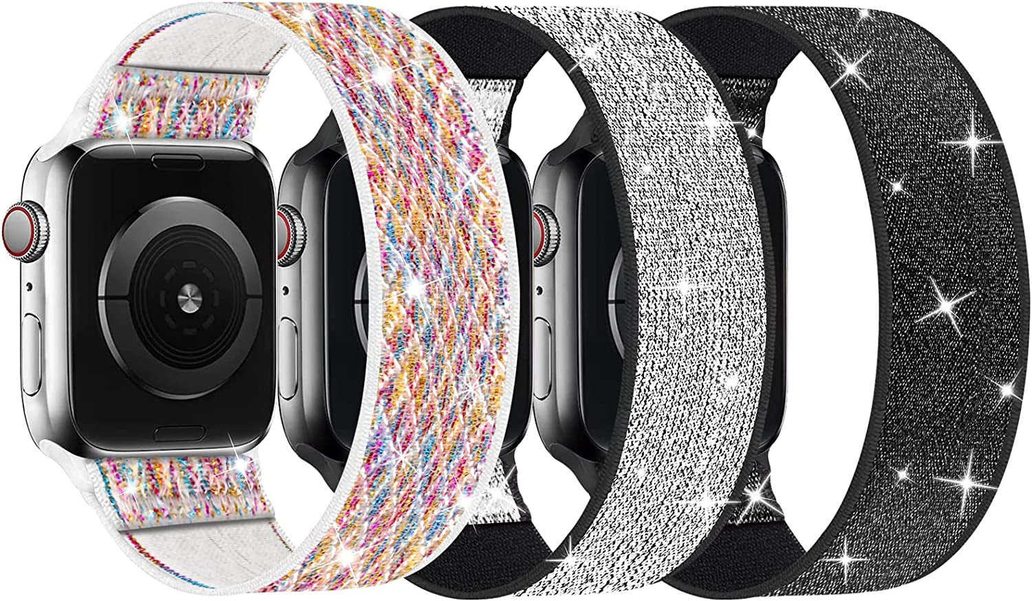 ENJINER Stretchy Nylon Solo Loop Bands Compatible with Apple Watch 38Mm 40Mm 41Mm 42Mm 44Mm 45Mm 49Mm Ultra Iwatch Series 8 7 SE 6 5 4 3 2 1 Strap, Sport Elastic Braided Women Men No Buckles Clasps Replacement Wristband  ENJINER 3C-Shining Black/Shining Mermaid/Shining Silver 38/40/41mm S(wrists 5.43"-6.18"/138-157mm) 