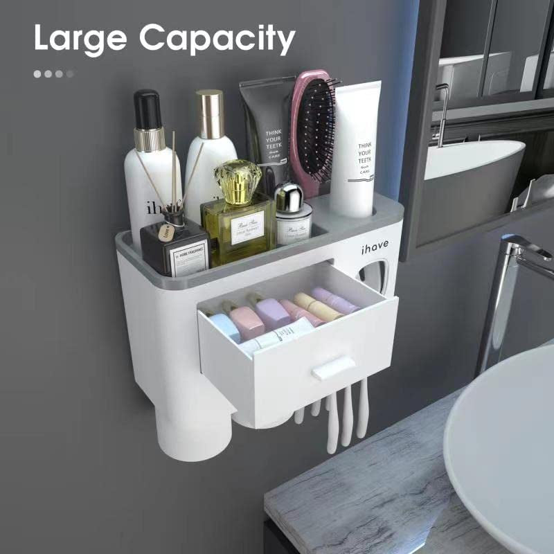 Ihave Toothbrush Holders for Bathrooms, 2 Cups Toothbrush Holder Wall Mounted with Toothpaste Dispenser - Large Capacity Tray, Cosmetic Drawer - Bathroom Decor & Bathroom Accessories  ihave   