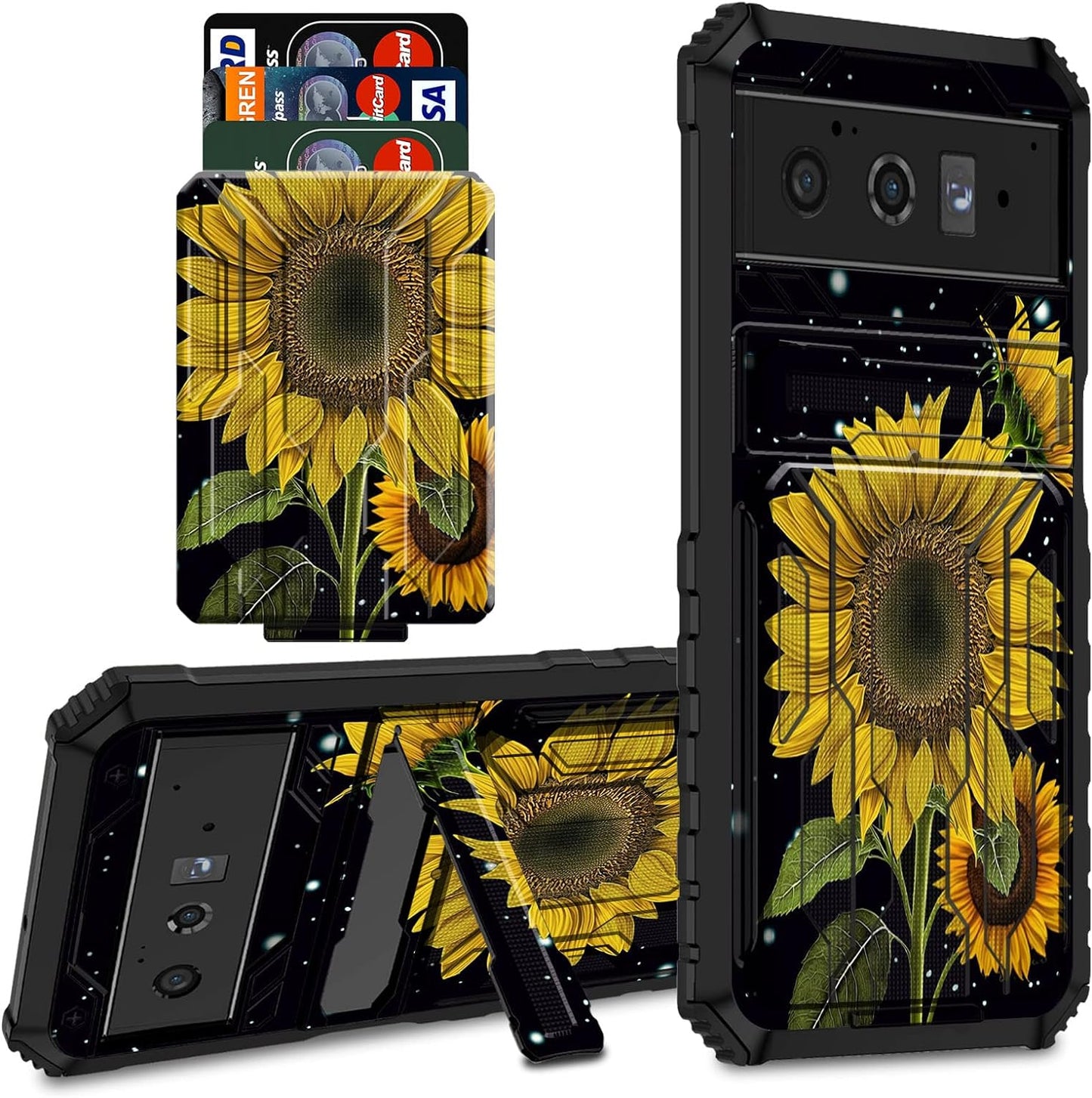 CGFGHHUY for Google Pixel 6 Pro Case for Pixel 6 Pro Wallet Case with Credit Card Holder & Kickstand Dual Layer Hard PC Soft TPU Protective Case for Google Pixel 6 Pro 6.7 Inch 2021 - Moth Moon Sun  CGFGHHUY Yellow Sunflower For Pixel 6 Pro 6.7 Inch 