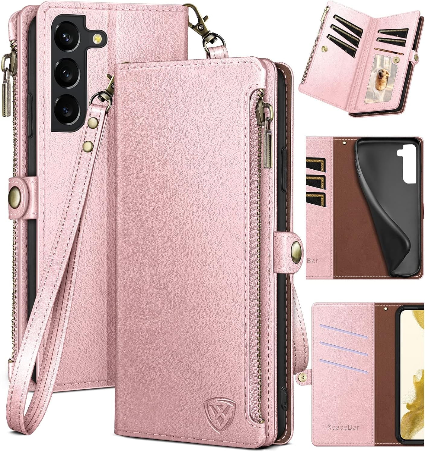 Xcasebar for Samsung Galaxy S22 plus Wallet Case with Zipper Credit Card Holder【Rfid Blocking】, Flip Folio Book PU Leather Phone Case Shockproof Cover Women Men for S22 plus Case Black  XcaseBar Rose Gold  