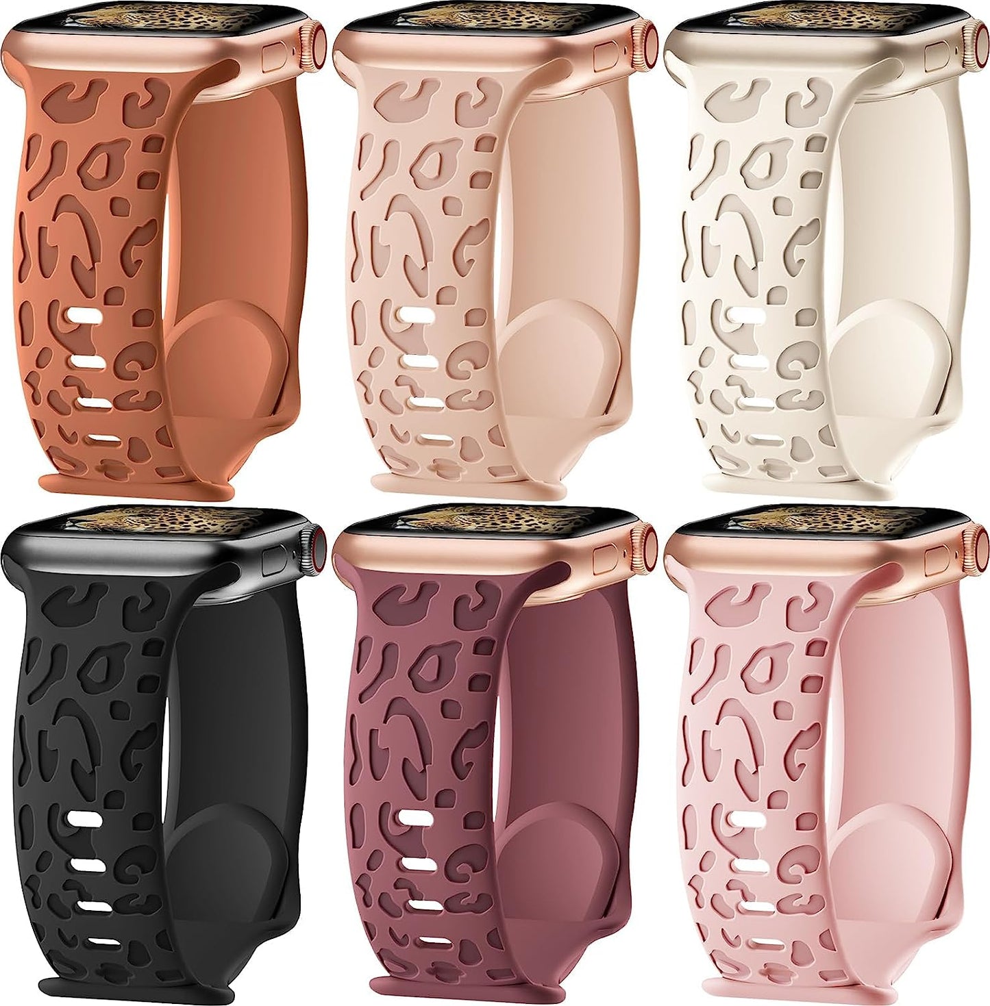 6 Pack Leopard Engraved Bands Compatible with Apple Watch Band 40Mm 44Mm 38Mm 45Mm 49Mm 42Mm Women Men,Waterproof Cheetah Sport Silicone Strap Wristbands for Iwatch SE Ultra Series 8 7 6 5 4 3 2 1  HEARTBOOM   