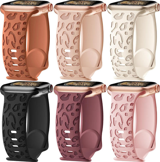 6 Pack Leopard Engraved Bands Compatible with Apple Watch Band 40Mm 44Mm 38Mm 45Mm 49Mm 42Mm Women Men,Waterproof Cheetah Sport Silicone Strap Wristbands for Iwatch SE Ultra Series 8 7 6 5 4 3 2 1  HEARTBOOM   