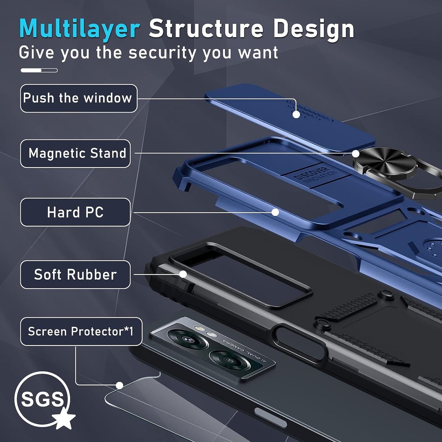 Janmitta Oneplus Nord N300 5G Case Built in Slide Camera Lens Cover and Screen Protector,Heavy Duty Shockproof Full Body Protective Phone Cover,Built in Finger Ring Stable Holder Kickstand,2022 Blue  Janmitta   