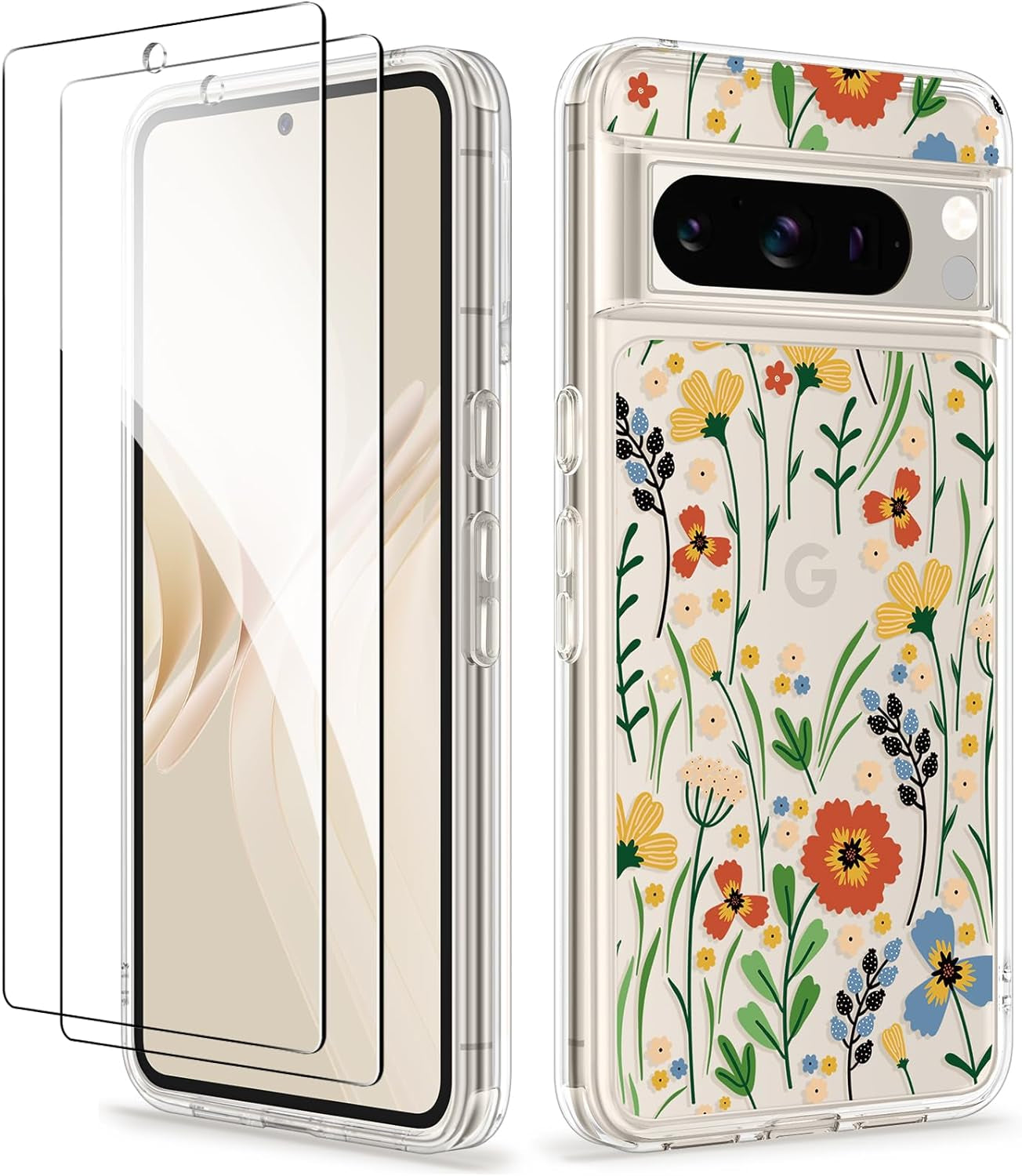 GVIEWIN Compatible with Google Pixel 8 Pro Case, with 2X Screen Protectors, [Not Yellowing + Military Grade Drop Tested] Clear Floral Slim Shockproof Protective Women Phone Case(Catharanthus/Pink)  GVIEWIN Blooming Flowerets  