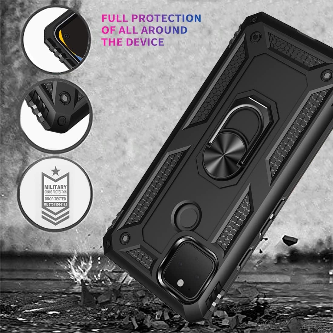 Zoeirc for Pixel 4A 5G Case, Pixel 5XL G025I Case with Tempered Glass Screen Protector, [Military Grade] Magnetic Car Ring Holder Mount Kickstand Protective Cover Case for Google Pixel 4A 5G (Black)  Zoeirc   