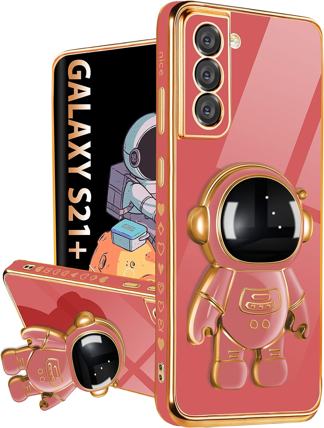 Buleens for Samsung Galaxy S21 plus Case with Astronaut Stand, Women Girls Galaxy S21 plus Cases, Girly Cute 6D Outer Space Heart Pattern Phone Cover for S21+ 6.7 Inch Purple  Buleens Samsung Galaxy S21 Plus-Red  