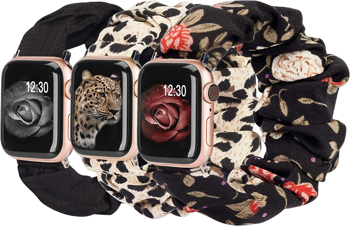 TOYOUTHS 3 Packs Compatible with Apple Watch Band Scrunchies 49Mm(Ultra)/45Mm/44Mm/42Mm Cloth Soft Pattern Printed Fabric Bracelet Women Iwatch Elastic Scrunchy Band Series SE 8 7 6 5 4 3 2 1 S/M  TOYOUTHS Black/Leopard/Red 41/40/38mm M/L(6.0" - 6.9" Wrist) 