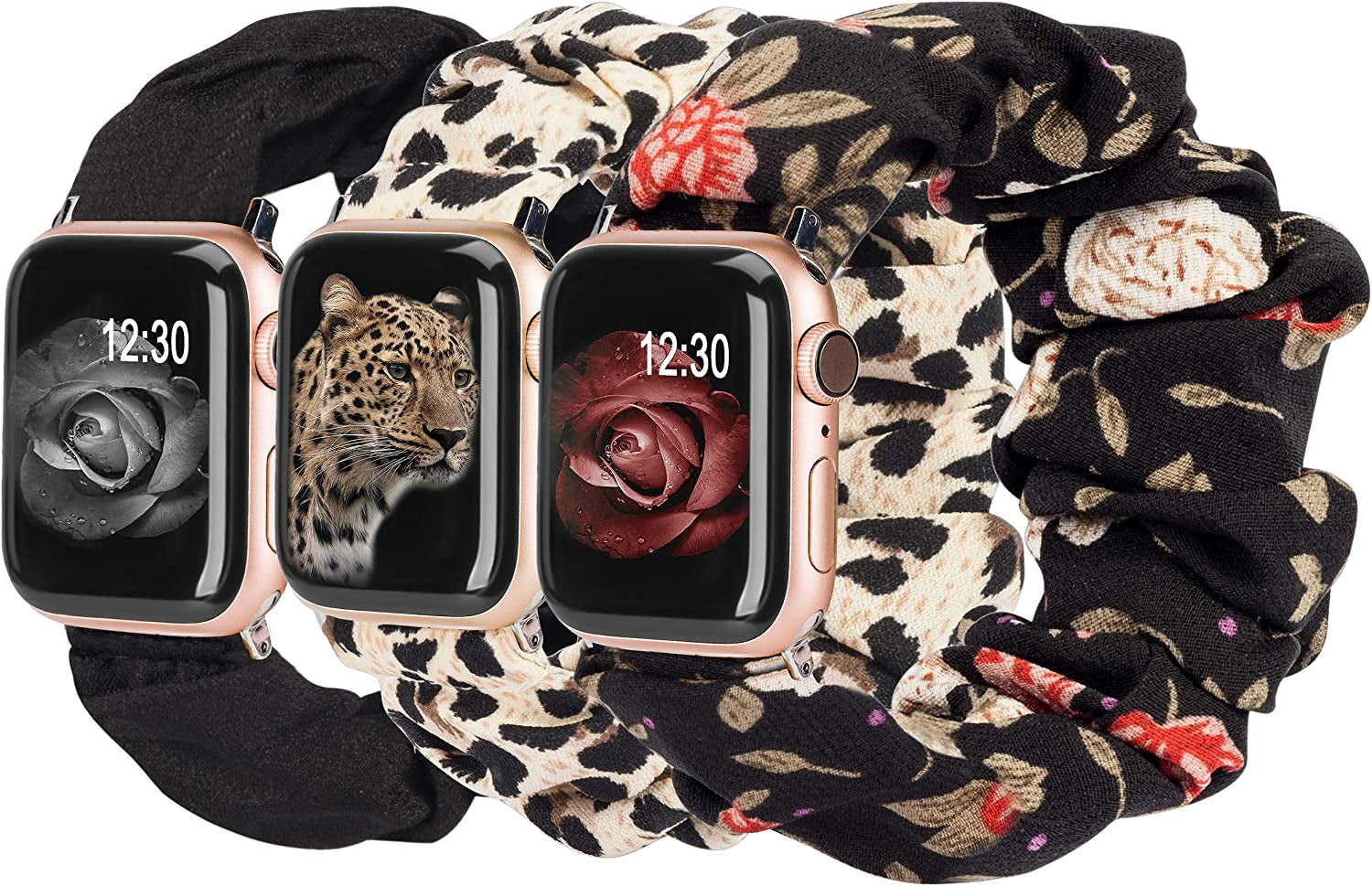 TOYOUTHS 3 Packs Compatible with Apple Watch Band Scrunchies 49Mm(Ultra)/45Mm/44Mm/42Mm Cloth Soft Pattern Printed Fabric Bracelet Women Iwatch Elastic Scrunchy Band Series SE 8 7 6 5 4 3 2 1 S/M  TOYOUTHS Black/Leopard/Red 41/40/38mm M/L(6.0" - 6.9" Wrist) 