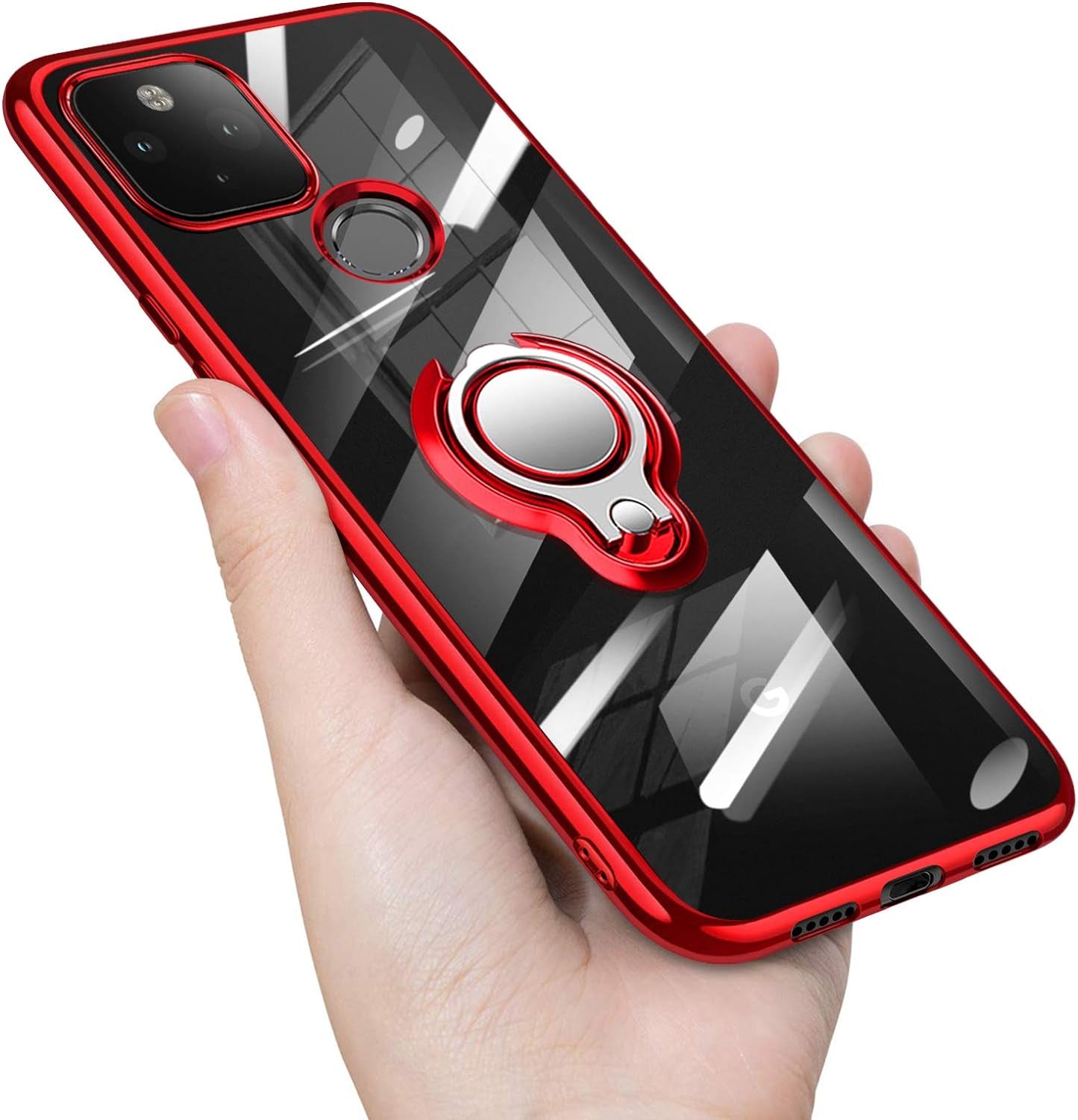 Google Pixel 4A 5G Case Crystal Clear Soft Silicone Case with 360° Rotatable Ring Holder Kickstand TPU Case Slim Fit Cover for Pixel 4A 5G (2020) 6.2" - Red  Guuboly   