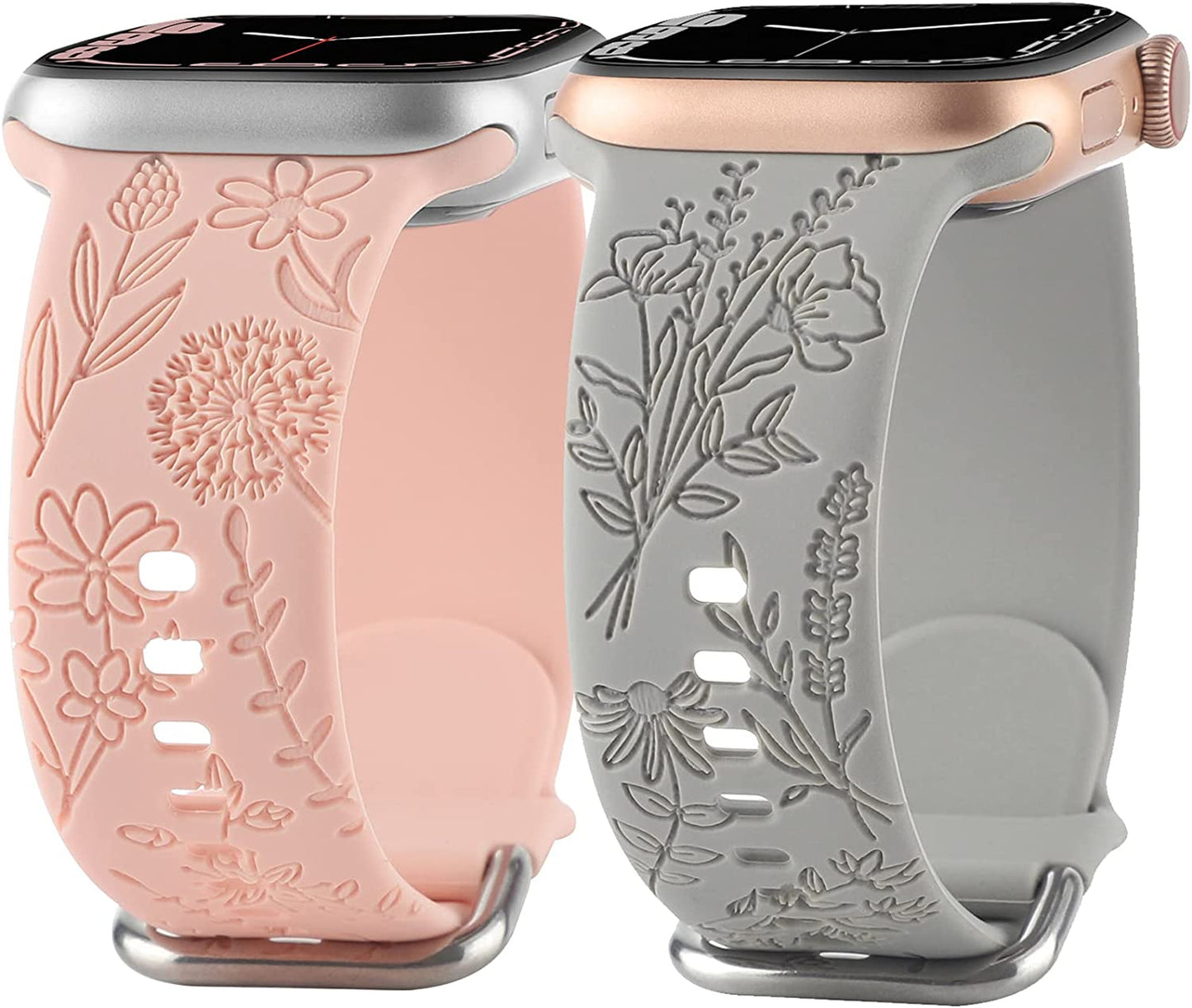 Flower Engraved Silicone Band Compatible with Apple Watch Bands 38Mm 40Mm 41Mm, Cute Women Wildflowers Floral Design Soft Sport Strap Replacement Wristbands for Iwatch Series 8 7/SE/6/5/4/3/2/1  FERJITGR Grey Pink 38/40/41mm 