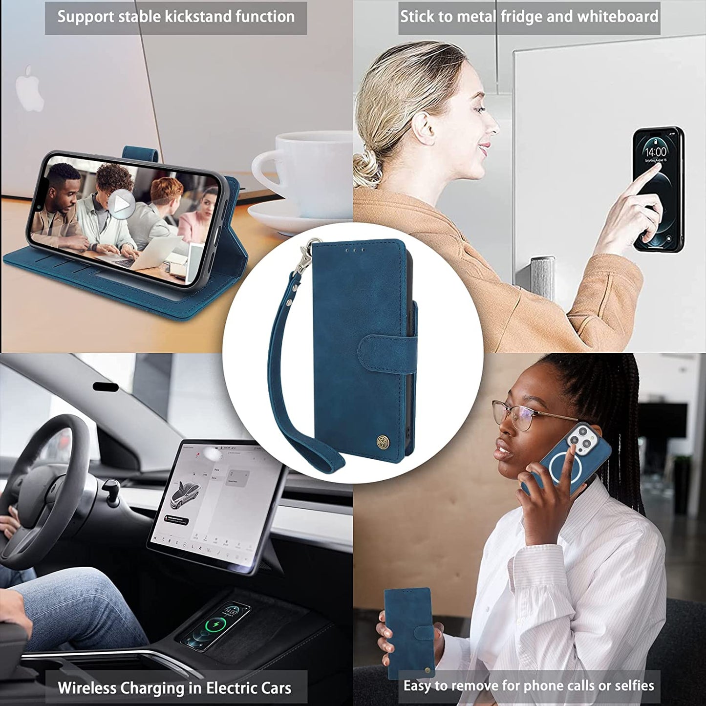 CAVOKAS Case Wallet for Iphone 14 Pro Wallet Case, 6.1 Inch Magnetic Detachable Leather Flip Case with Card Holders, Compatible with Magsafe Wireless Charging Kickstand Phone Cover RFID Block, Blue  CAVOKAS   