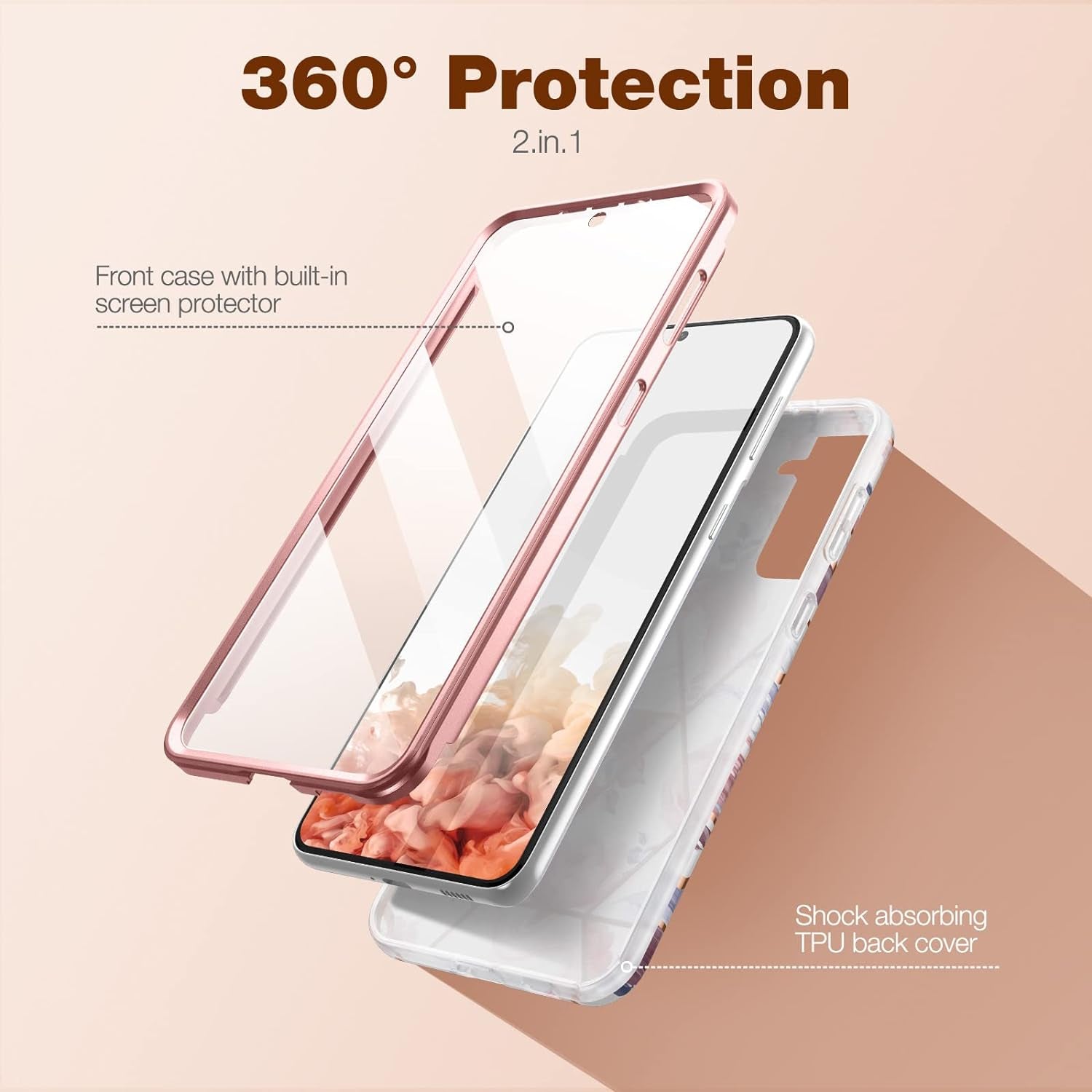SURITCH Phone Case for Samsung Galaxy S21 plus 6.7 Inches, Front Cover with Built-In Screen Protector Full-Body Protection Shockproof TPU Bumper Protective Case for Girl Women Cute, Rose Marble  SURITCH   