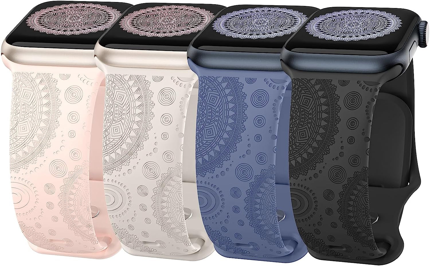 Astorgos 4 Pack Watch Band Compatible with Apple Watch Band 38Mm 40Mm 41Mm, Apple Watch SE, SE2 Series 8/7/6/5/4/3/2/1, Engraved Sport Silicone Strap Replacement Wristband  Astorgos Multi Color A Boho 