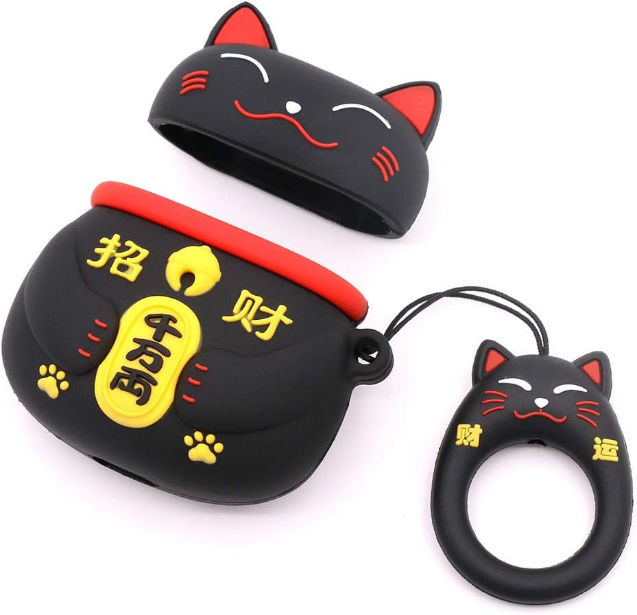 Yonocosta Cute Airpods Case, Airpods 2 Case, Fashion Funny 3D Cartoon Animals Black Lucky Cat Kitty Shaped Full Protection Shockproof Soft Silicone Charging Case Cover with Keychain for Airpods 1&2  Yonocosta Inc   