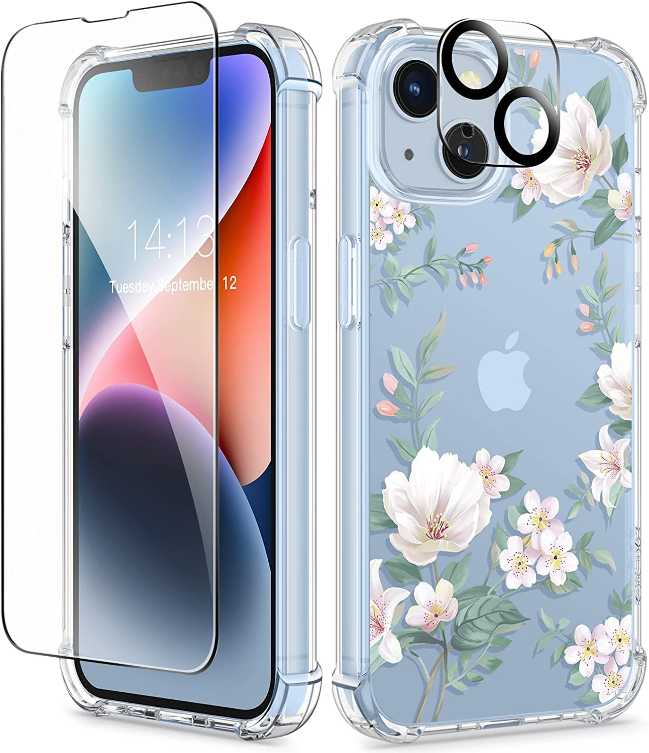 GVIEWIN Compatible with Iphone 14 Case with Screen Protector + Camera Lens Protector, Soft Shockproof Clear Floral Phone Protective Cover for Women,Flower Pattern Design 6.1"(Anemone Blooms/Pink)  GVIEWIN Magnolia/White  