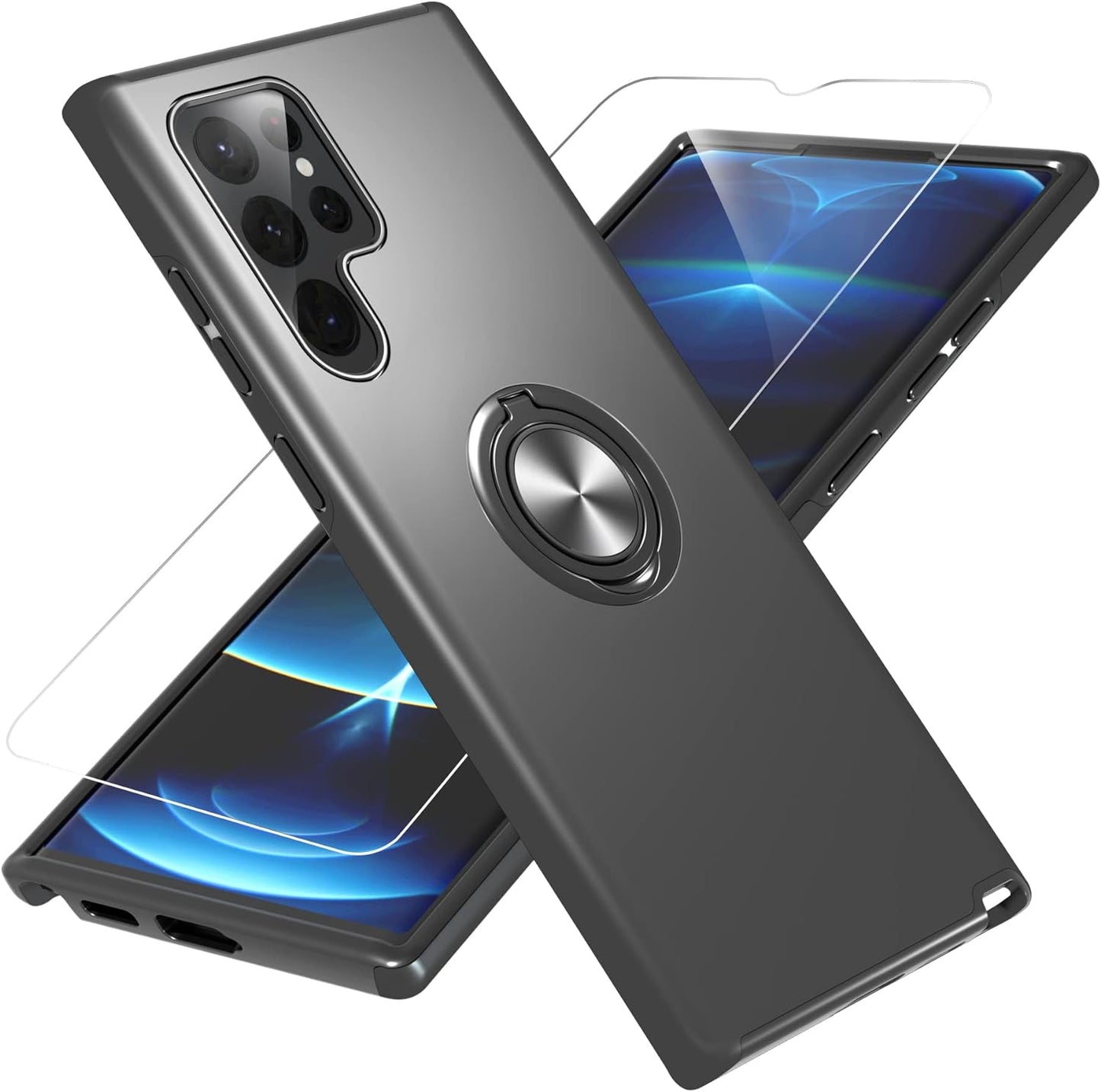 Gritup Samsung Galaxy S22 Ultra Case, Galaxy S22 Ultra Case with HD Screen Protector, [Military Grade] Shockproof Protection Case with 360° Magnetic Ring Holder Kickstand for Samsung S22 Ultra, Blue  Gritup Black  