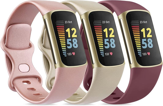 3 Pack Sport Bands Compatible with Fitbit Charge 5 Bands for Women Men, Classic Soft Silicone Replacement Wristbands for Fitbit Charge 5 Fitness Tracker (Small,Rose Gold/Champagne Gold/Wine Red)  AK   
