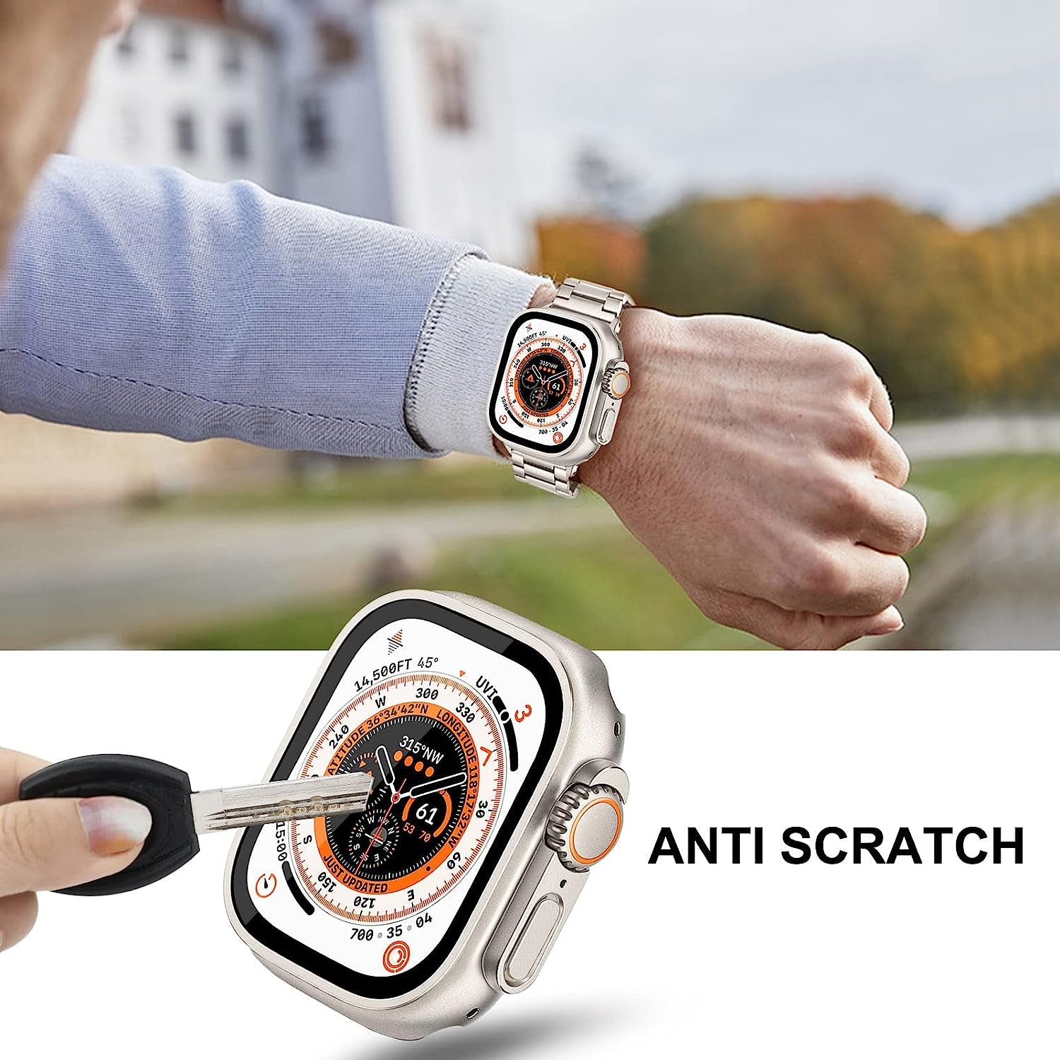 Trumirr Band + Protective Case + Screen Protector for Apple Watch Ultra 49Mm Starlight, Solid Metal Stainless Steel Strap & Tempered Glass Cover for Iwatch Ultra 49Mm  TRUMiRR   