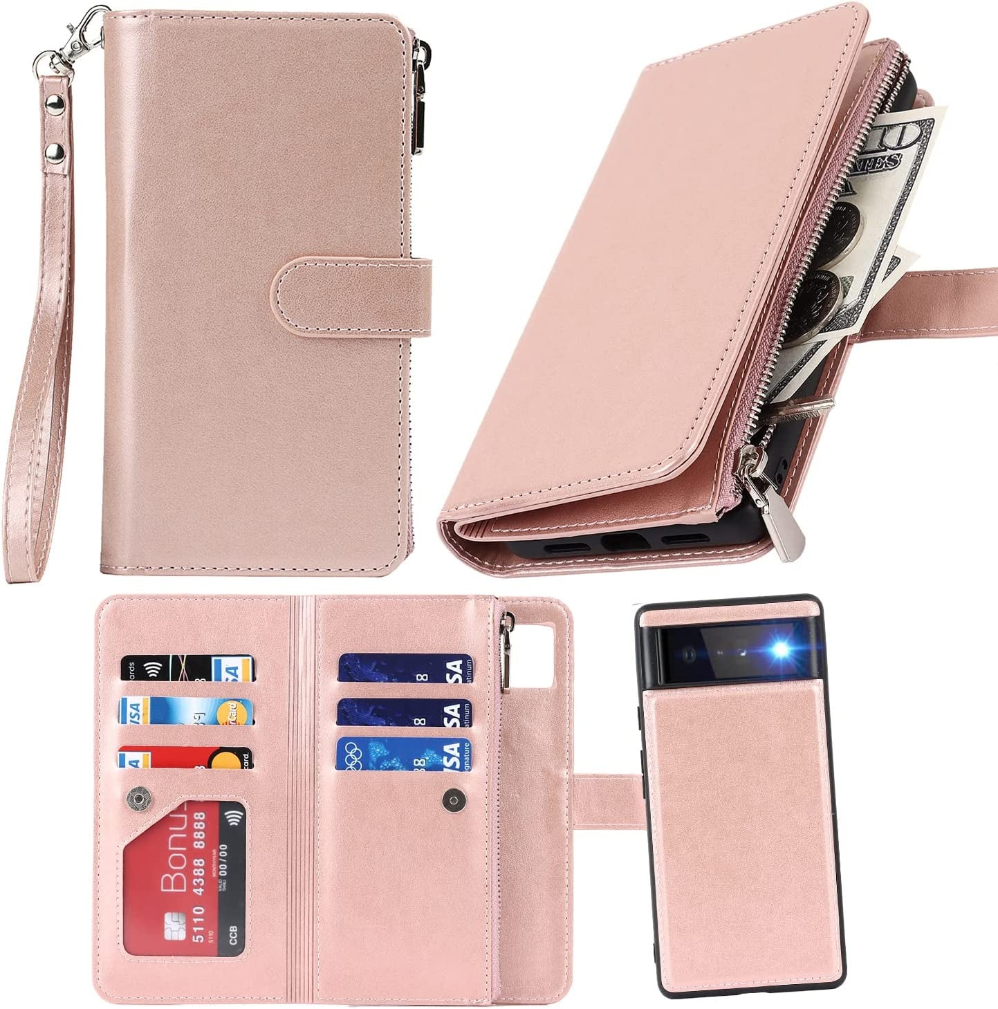 Ｈａｖａｙａ Google Pixel 6 Pro 5G 6.7" Case Zipper Wallet- with 6 Card Holder [RFID Blocking]- Detachable 2-In-1-Wristband Lanyard - for Women and Men-Wireless Charger Compatible Flip Folio Cover-Purple  Ｈａｖａｙａ 2In1 Rose Gold For Google Pixel 6A 
