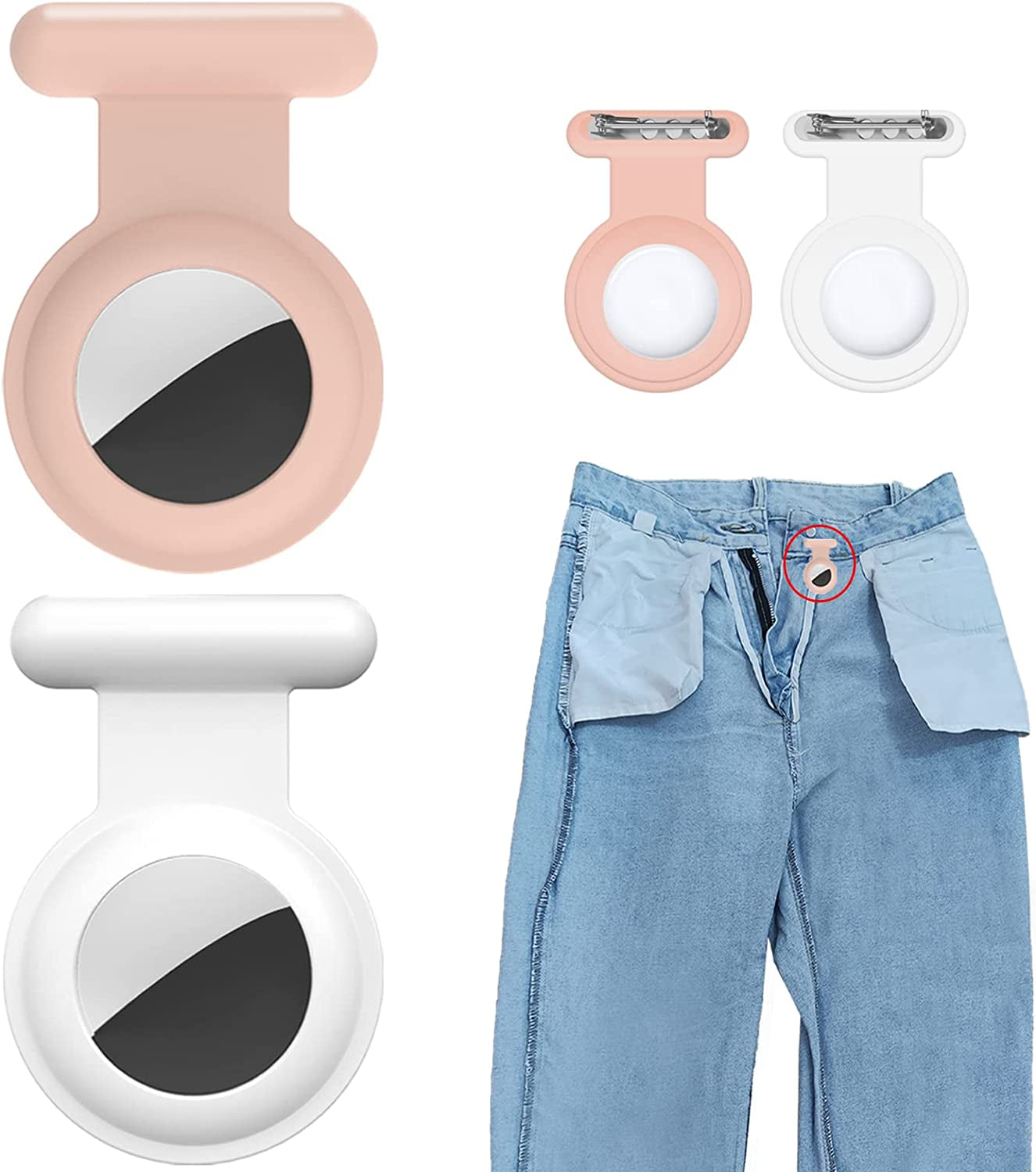 2 Pack Holder Case Compatible for Airtag Tracker, Silicone Hidden GPS Kid Airtag Holder with Invisible Pin, anti Lost Apple Air Tag Case Cover for Toddlers, Elderly, Pet, Clothing(Black and Grey)  Fzemnn White Pink  