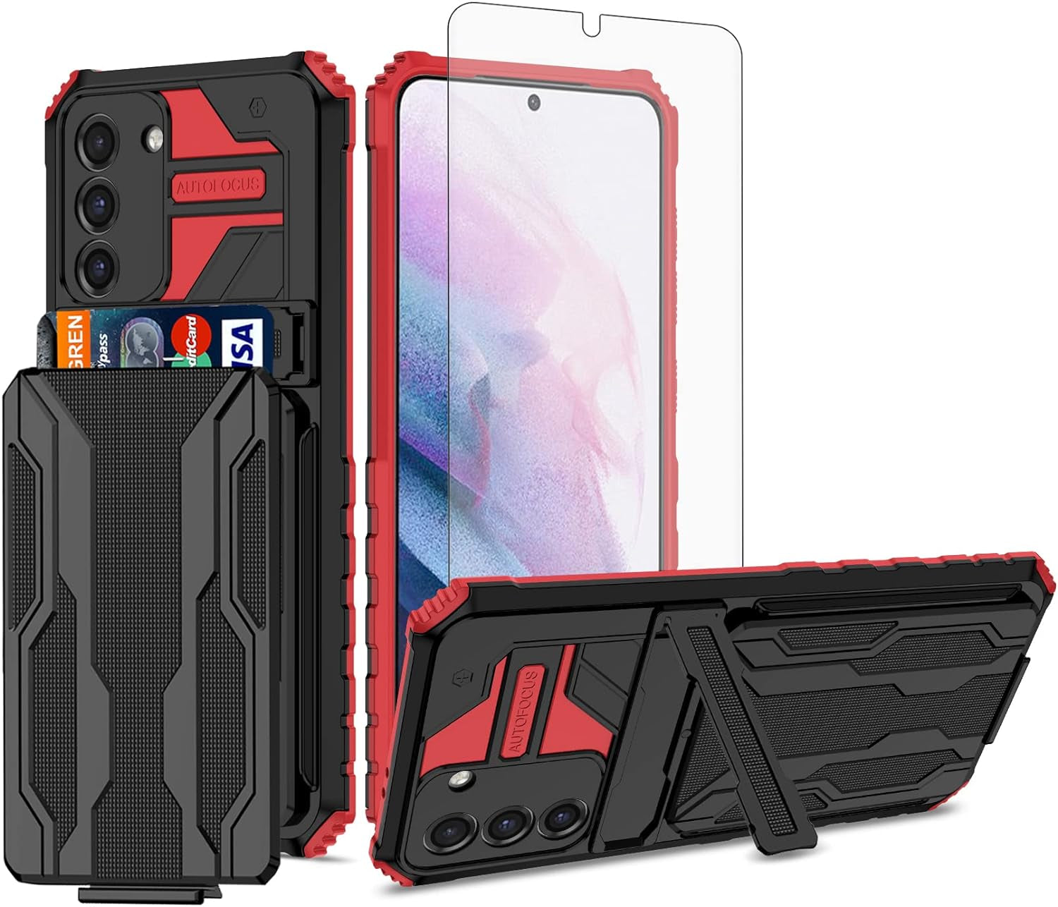 Asuwish Phone Case for Samsung Galaxy S21 plus Glaxay S21+ 5G with Tempered Glass Screen Protector Cover and Card Holder Stand Cell Accessories Gaxaly S21+5G S21Plus 21S + S 21 21+ G5 Women Men Pink  Asuwish Red For S21 Plus / S21 Plus 5G 