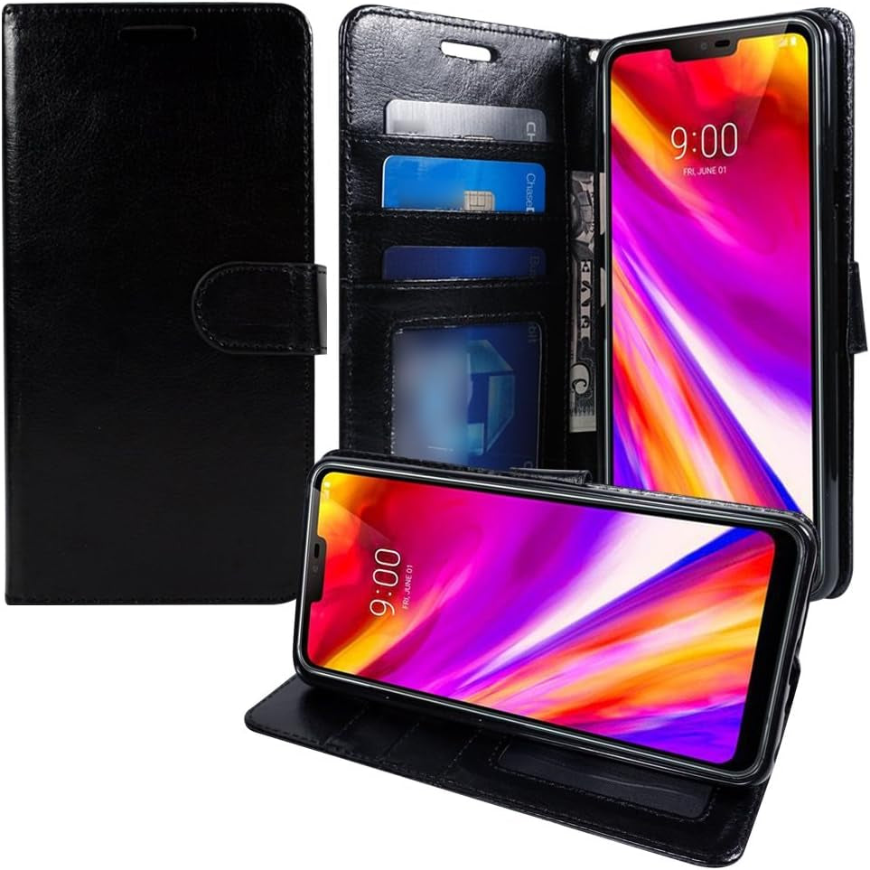 Zase Design Case for LG G7 Thinq, LG G7 (2018) Wallet Protective Case Pouch Folio Premium Professional PU Leather Flip Cover W/ [Kickstand] ID Card Slot Wrist Strap for LG G7 (Brown)  Zase ® Black  