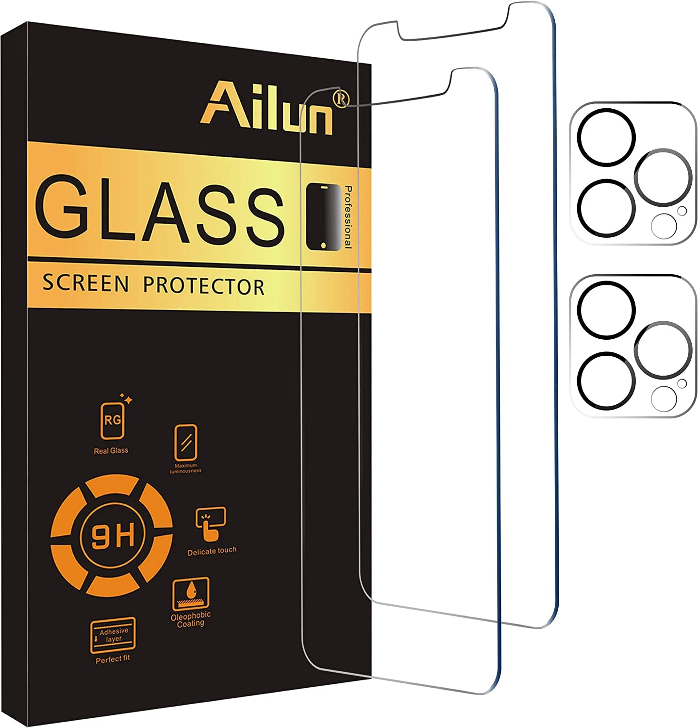 Ailun 2Pack Screen Protector Compatible for Iphone 12 Pro[6.1 Inch] + 2 Pack Camera Lens Protector,Tempered Glass Film,[9H Hardness] - HD  Ailun   