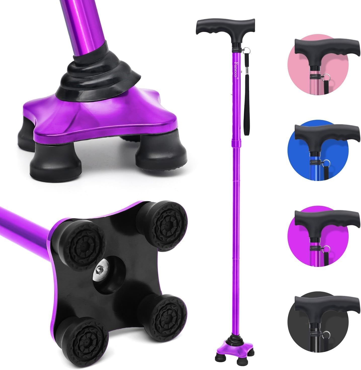 FANECO Walking Cane, Folding Walking Stick for Seniors, Pivoting Quad Base, Lightweight Adjustable Walking Stick for Men/Women  NINGBOSHI GUOSHENG XINXI KEJI YOUXIANGONGSI Purple  
