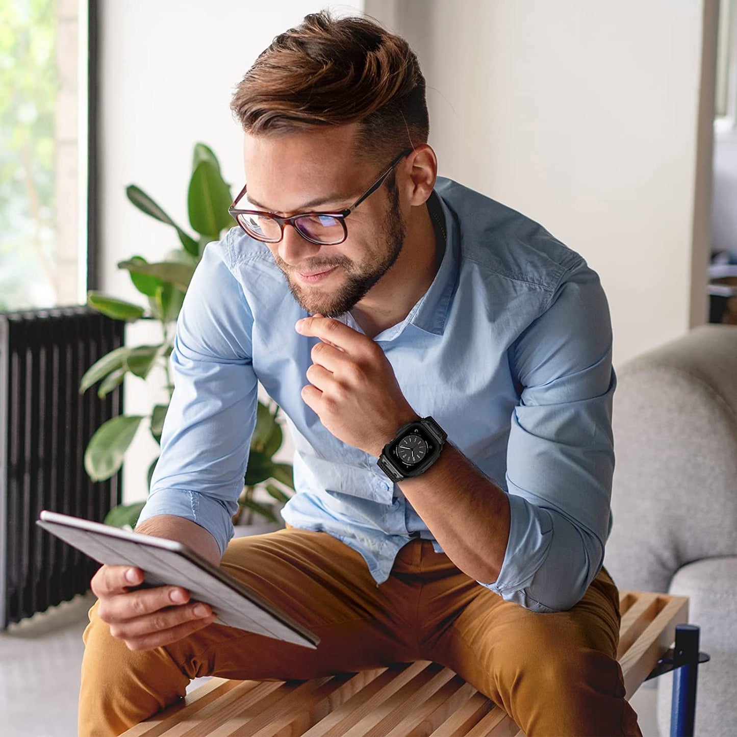 OUHENG Compatible with Apple Watch Band 45Mm 44Mm 42Mm with Case, Men Rugged Sport Military TPU with Metal Pieces Strap with Bumper Cover for Iwatch Series SE2 SE 8 7 6 5 4 3 2 1, Matte Black  OUHENG   