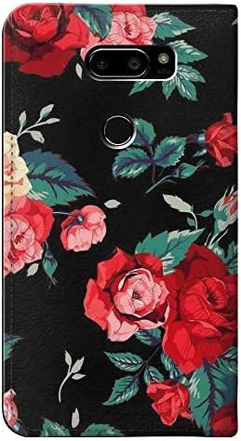 RW3112 Rose Floral Pattern Black PU Leather Flip Case Cover for LG V30, LG V30 Plus, LG V30S Thinq, LG V35, LG V35 Thinq  jjphonecase   
