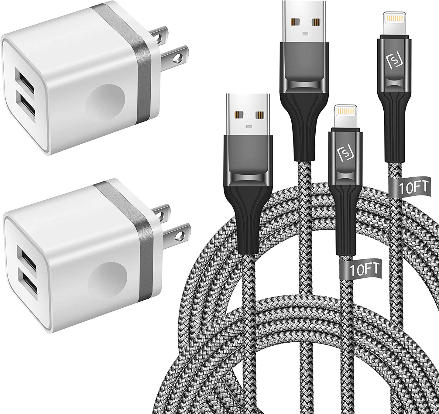 WHIRELEAST Iphone Charger Cable 10 FT with Wall Plug, Braided Long Iphone Charging Cord + Dual USB Wall Charger Block Adapter Compatible with Iphone 12/11/11 Pro Max/Xs/Xr/X/8/7/6 Plus, Ipad (4-Pack)  WHIRELEAST   