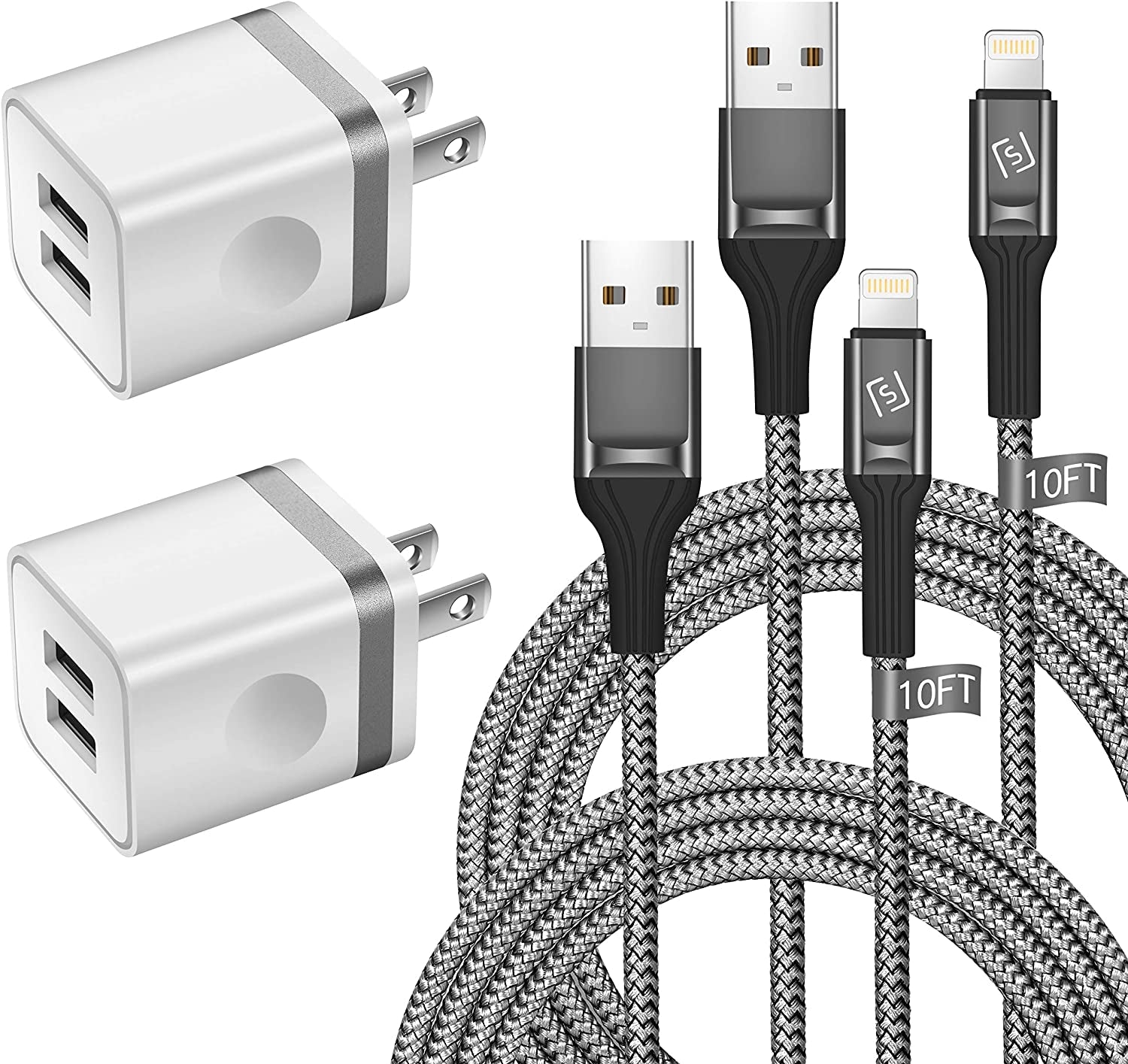WHIRELEAST Iphone Charger Cable 10 FT with Wall Plug, Braided Long Iphone Charging Cord + Dual USB Wall Charger Block Adapter Compatible with Iphone 12/11/11 Pro Max/Xs/Xr/X/8/7/6 Plus, Ipad (4-Pack)  WHIRELEAST   