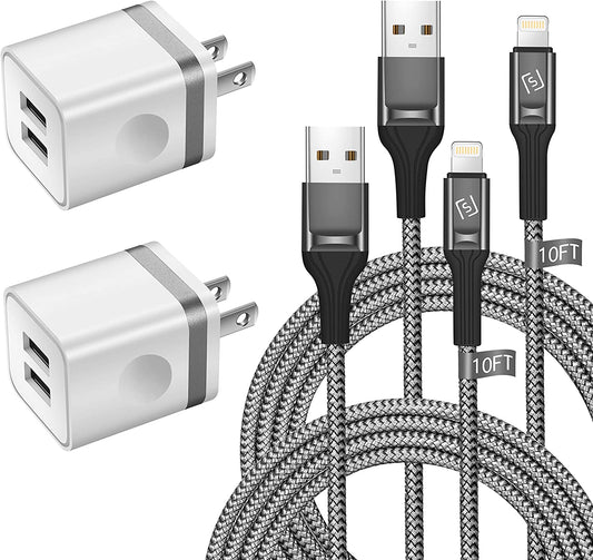 WHIRELEAST Iphone Charger Cable 10 FT with Wall Plug, Braided Long Iphone Charging Cord + Dual USB Wall Charger Block Adapter Compatible with Iphone 12/11/11 Pro Max/Xs/Xr/X/8/7/6 Plus, Ipad (4-Pack)  WHIRELEAST   