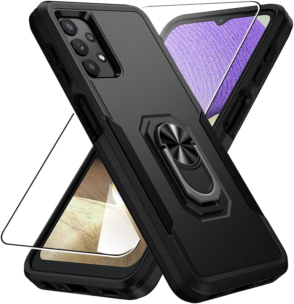 Niopiee for Galaxy A32 5G Case Heavy Duty Shockproof Armor Case Hybrid Rugged Protective Phone Cover for Samsung A32 Full Body Anti-Scratch Magnetic Kickstand with Glass Screen Protector Black  NIOPIEE   