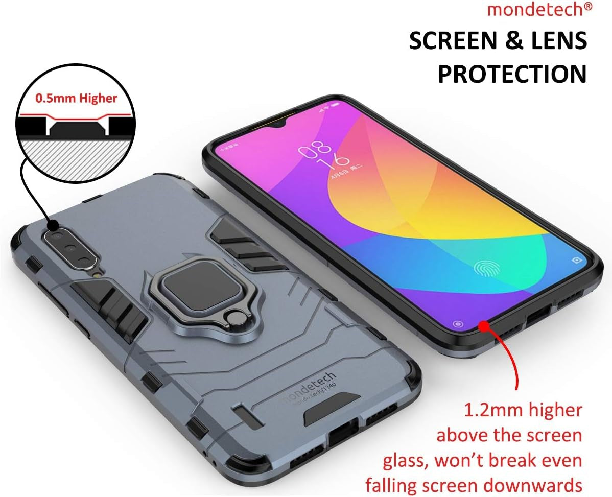 Mondetech for Xiaomi Mi 9 Lite/Cc9/A3 Lite Case with Screen Protector, Slim Drop Protection with Ring Stand, Magnetic Holder Compatible, 9H Tempered Glass Screen Film, Outdoor Shockproof Cover, Blue  mondetech   
