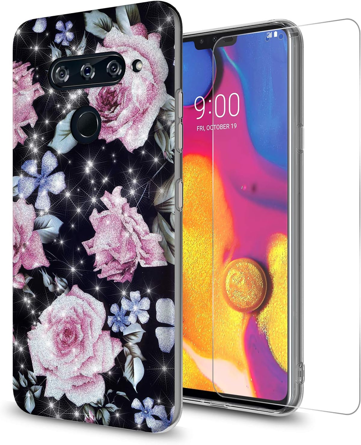 GORGCASE Phone Case Compatible for LG V40 THINQ 2018 Case, LG V40 CASE with Screen Protector,Slim PC Anti-Scratch Shock-Proof Cute Sparkle Bling Girls Women Protective Cover for LG V40 Black Flower  GORGCASE   