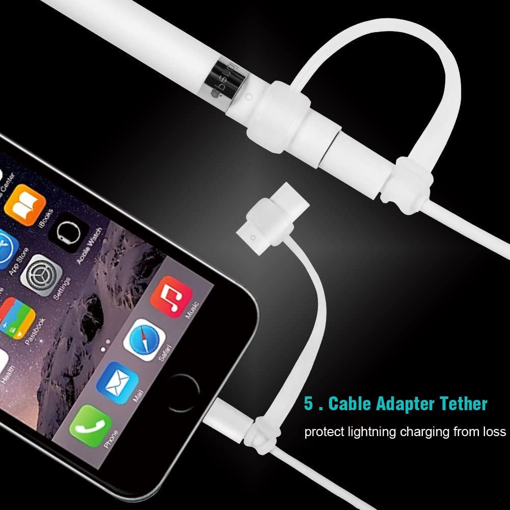 [5-Piece] MEKO Accessories for Apple Pencil Cap Holder/Nib Cover/Lightning Cable Adapter Tether/ 2 in 1 Fiber Cap as Stylus/Soft Silicone Protective Grip for Ipad Pro Pencil  MEKO   