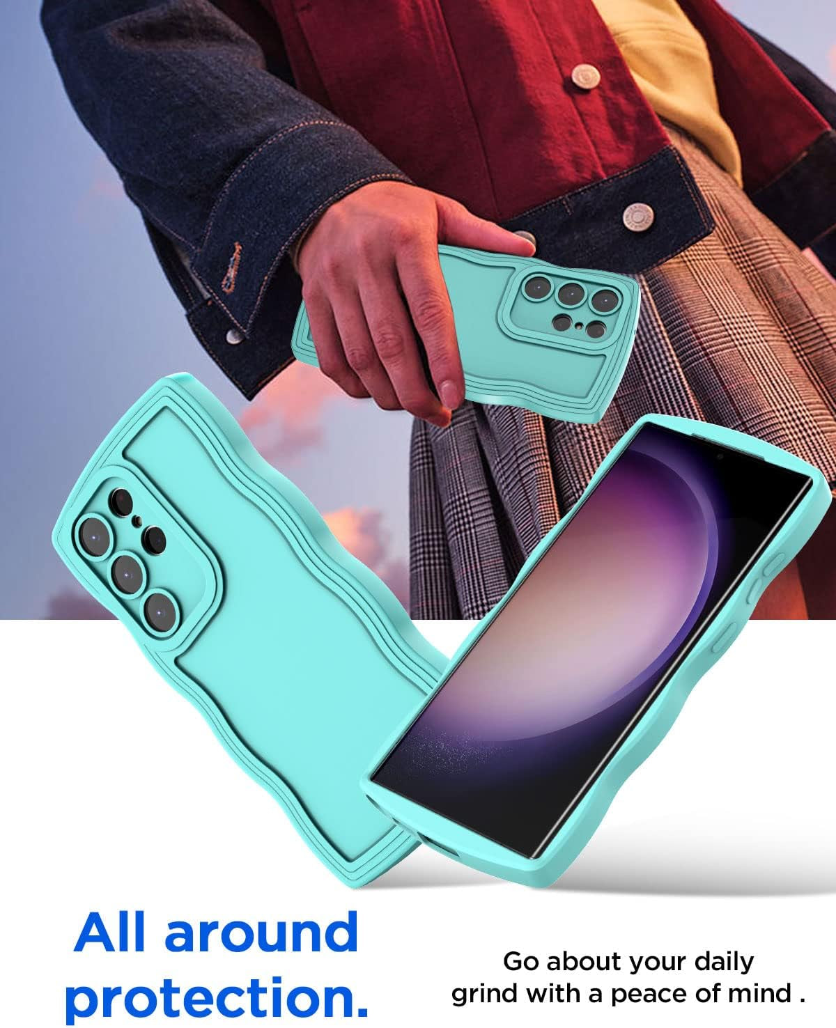 Aicase Cute Solid Color Curly Wave Frame Soft Compatible with Samsung Galaxy Phone Case (Blue, Galaxy S22 Ultra)  AICase   