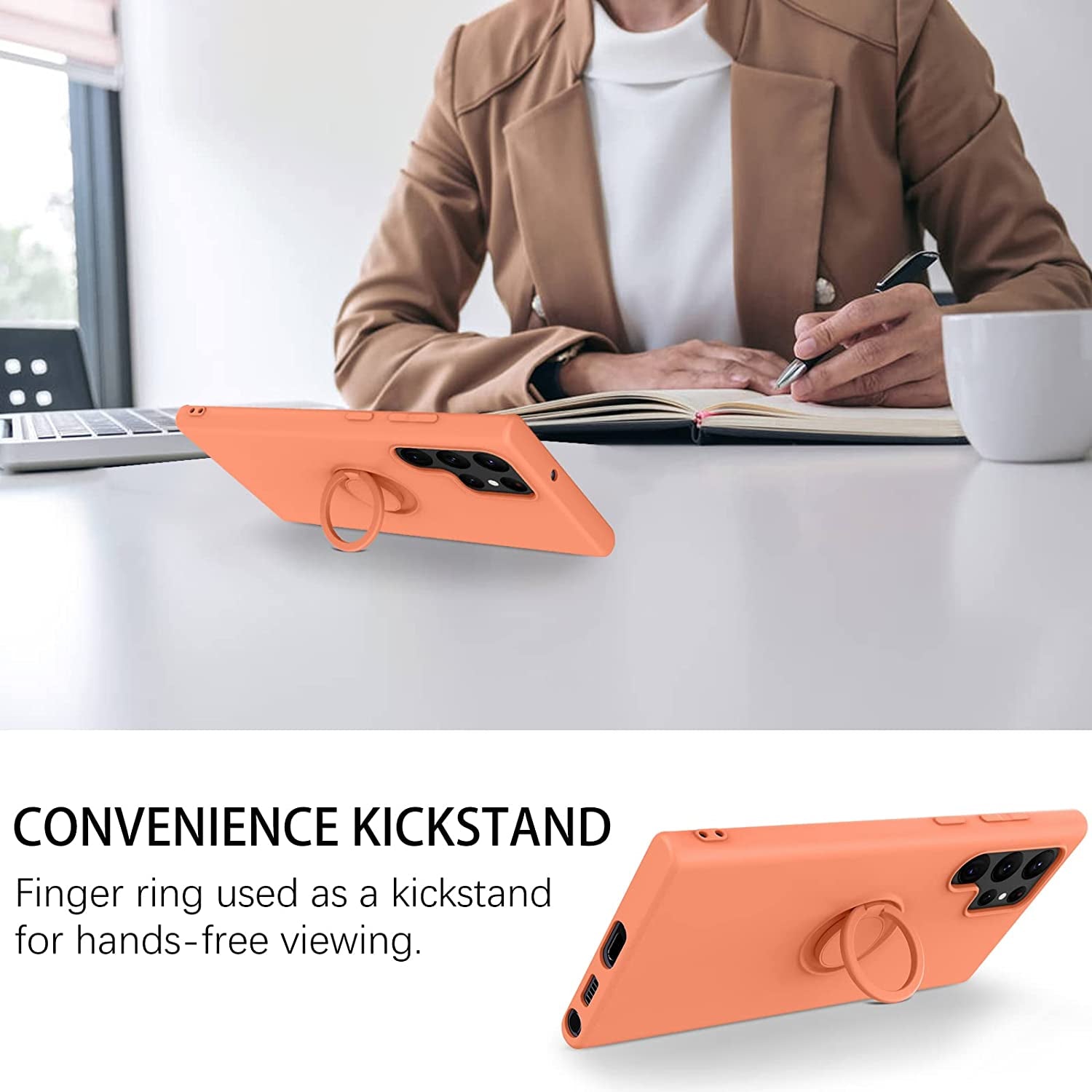 DUEDUE for Samsung Galaxy S22 Ultra 5G Case, Liquid Silicone Slim Soft Gel Rubber Cover with Ring Kickstand Car Mount Function Shockproof Protective Phone Case for Samsung S22 Ultra 6.8", Orange  DUEDUE   