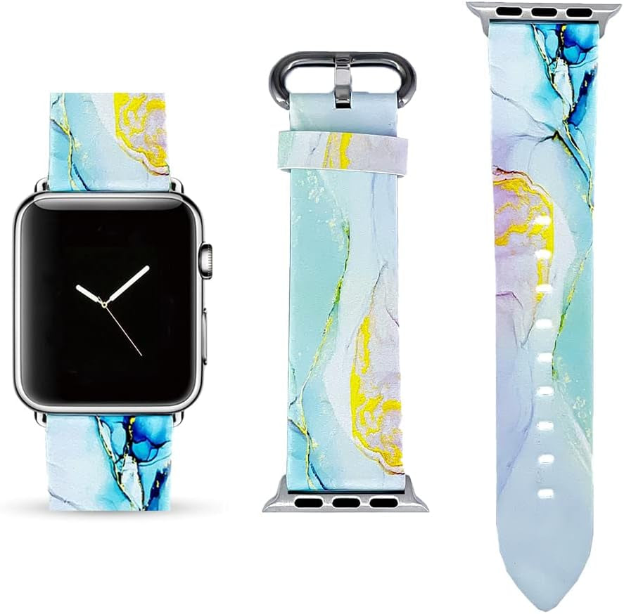 White Marble Replacement Band Compatible for Iwatch 42Mm/44Mm Pastel Bay Wrist Band PU Leather Strap Compatible for Apple Watch Smartwatch Series 8 7 6 5 4 3 2 1 SE Version  Pastel Bay Mint Marble 38mm/40mm 
