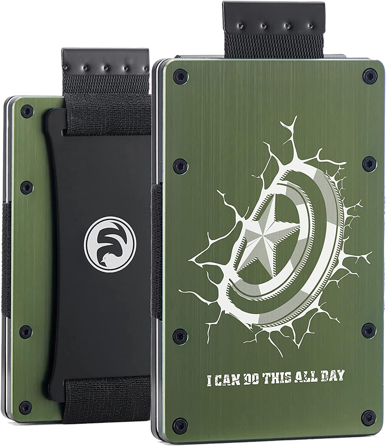 Men Minimalist Metal Wallet with ID Window Money Clip | Slim Front Pocket RFID Blocking Aluminum EDC Tactical Wallets with Cash Strap | Personalized Mini Multifunction Card Holder for Travel Business  FeiYen Hero Shield-Brushed Army Green  