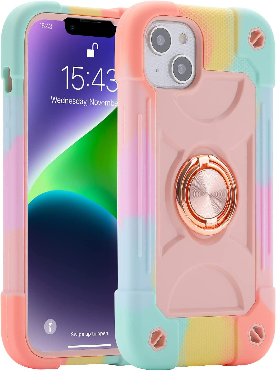 MARKILL Compatible with Iphone 14 plus Case 6.7 Inch with 360 Degree Rotate Ring Stand, Military Grade Drop Protection Full Body Rugged Heavy Duty Protective Cover for Iphone 14 Plus. (Avocado)  MARKILL Rainbow Pink  
