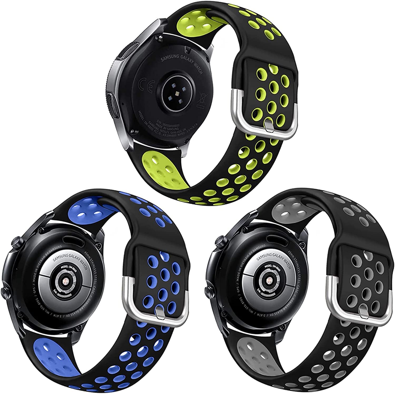 NAHAI 3 Pack Sport Bands Compatible with Samsung Galaxy Watch 46Mm/Gear S3 Frontier for Men Women, 22Mm Watch Band Silicone Quick Release Rubber Replacement Strap for Galaxy Watch 3 LTE (45Mm)  NAHAI Charcoal/Black, Black/Green, Black/Blue S: 5.9"-7.6" 