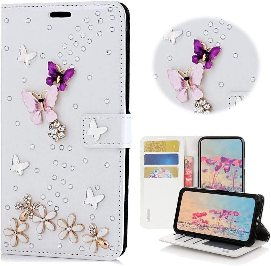 STENES LG G6 Case, LG G6 plus Case - STYLISH - 3D Handmade Bling Crystal Rose Heart Pendant Flowers Wallet Credit Card Slots Fold Stand Leather Cover Case for LG G6/LG G6 plus - White  STENES S-Link Butterfly Floral / White  