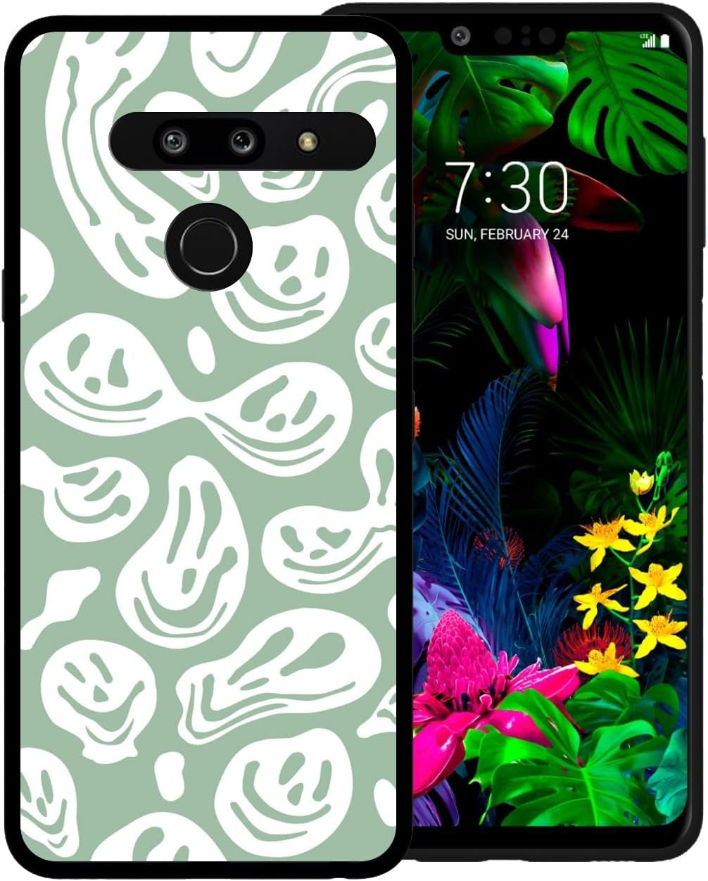 Zaztify Phone Case for LG G8 Thinq, Pastel Pink White Funny Trippy Dripping Smile Melted Hippie Smiling Skull Ghost Face Shockproof Protective Cover Shell  zaztify Green-White Trippy Face  