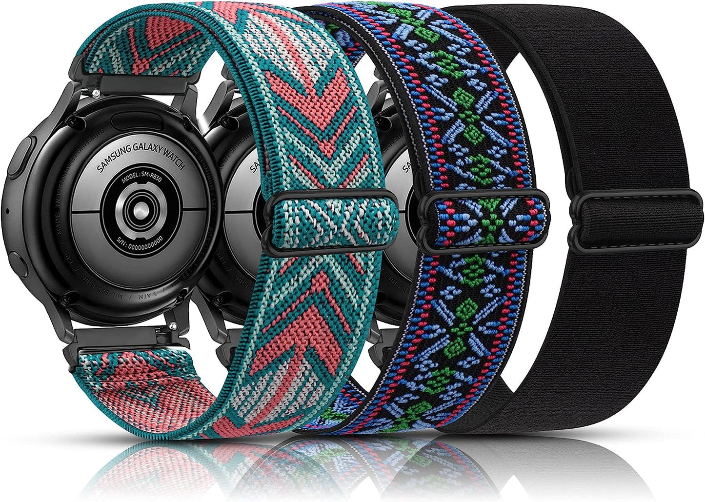 3 Pack Elastic Bands Compatible with Samsung Galaxy Watch 4 44Mm 40Mm, Samsung Galaxy Watch 4 Classic 46Mm 42Mm, 20Mm Adjustable Elastic Nylon Sport Stretchy Wristband for Women Men  Meliya Green Arrow+Boho Green+Black  