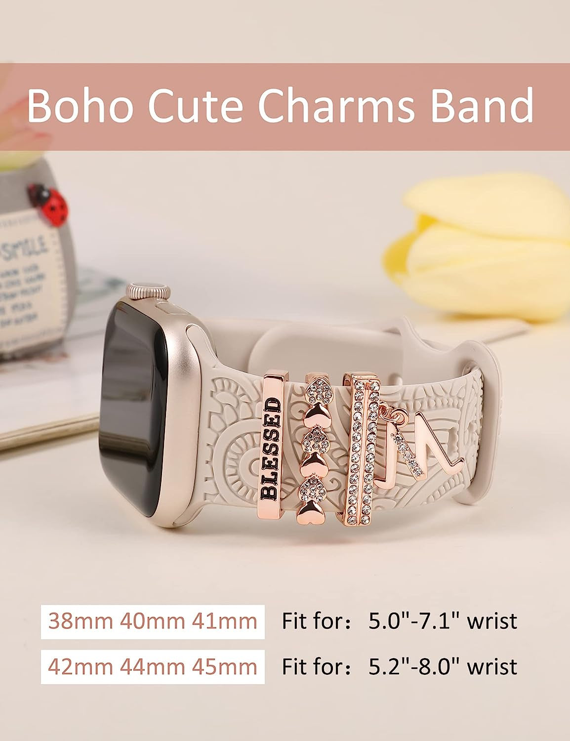 (Include Band) Decorative Ring Loops Compatible with Apple Watch Band Charms 41/40/38/42/44/45/49Mm Women, Boho Engraved Fancy Accessories Silicone Strap for Iwatch Series 8 SE Ultra 7 6 5 4 3 2 1  TOYOUTHS   