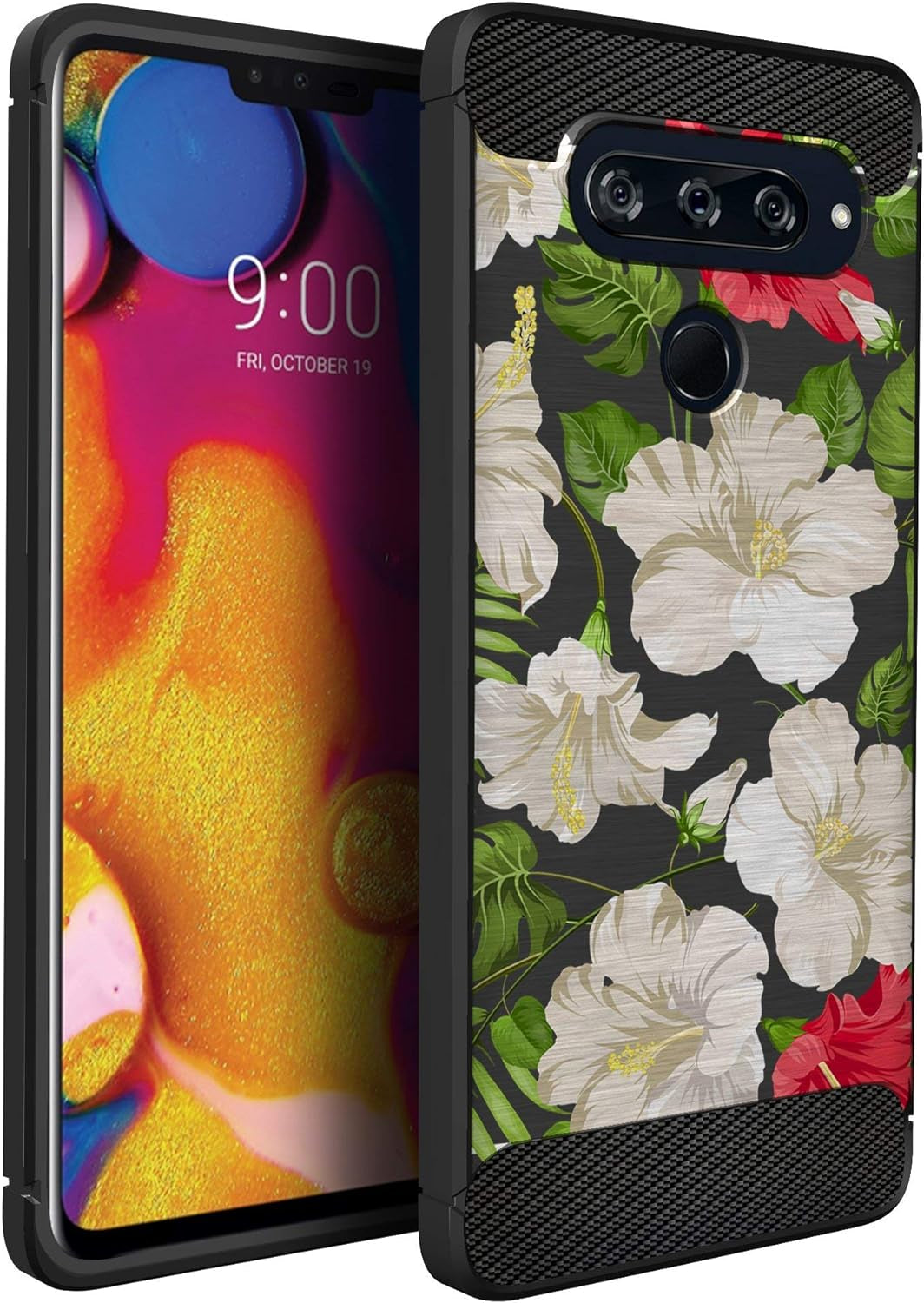Casesondeck Case Compatible with [LG V40 Thinq] Tribal Floral Matte TPU Flexible Carbon Fiber Textured (Dreamcatcher)  CasesonDeck White Flowers  