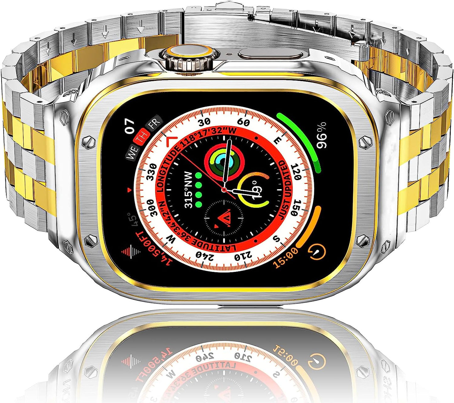 Amznew Apple Watch Bands Compatible for Iwatch Series Ultra (49Mm) 8/7(45Mm/41Mm), 6/5/4/Se(44Mm/40Mm) 3/2/1(42Mm/38Mm), Stainless Steel Iwatch Bands with Case and Protective Cover Men  Amznew Silver-Gold-49 49mm(ultra ) 