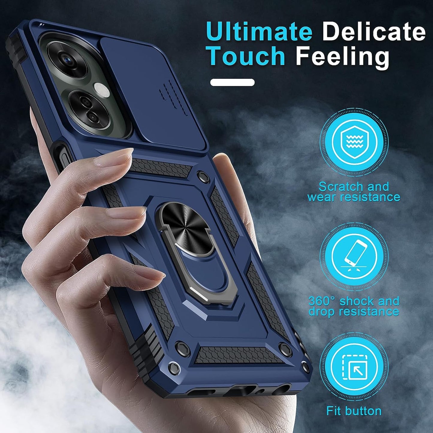 Janmitta Oneplus Nord N30 5G Case Built in Slide Camera Lens Cover+Screen Protector+Finger Ring Holder Kickstand,Heavy Duty Shockproof Full Body Protective Phone Cover,2023 Blue  Janmitta   